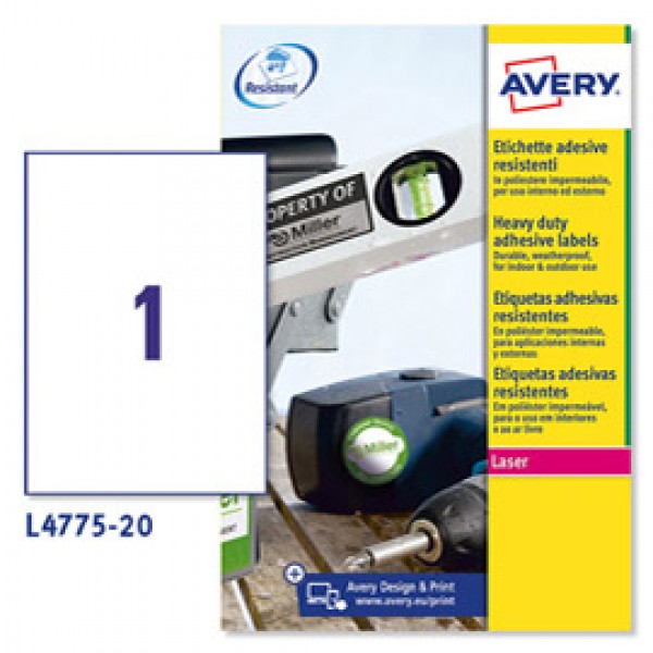 Etichetta in poliestere L4775 - adatta a stampanti laser - permanente - 210x297 mm - 1 etichetta per foglio - bianco - Avery - conf. 20 fogli A4