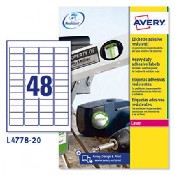 Etichetta in poliestere L4778 - adatta a stampanti laser - permanente - 45,7x21,2 mm - 48 etichette per foglio - bianco - Avery - conf. 20 fogli A4