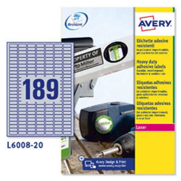Etichetta in poliestere L6008 - adatta a stampanti laser - permanente - 24,5x10 mm - 189 etichette per foglio - argento - Avery - conf. 20 fogli A4