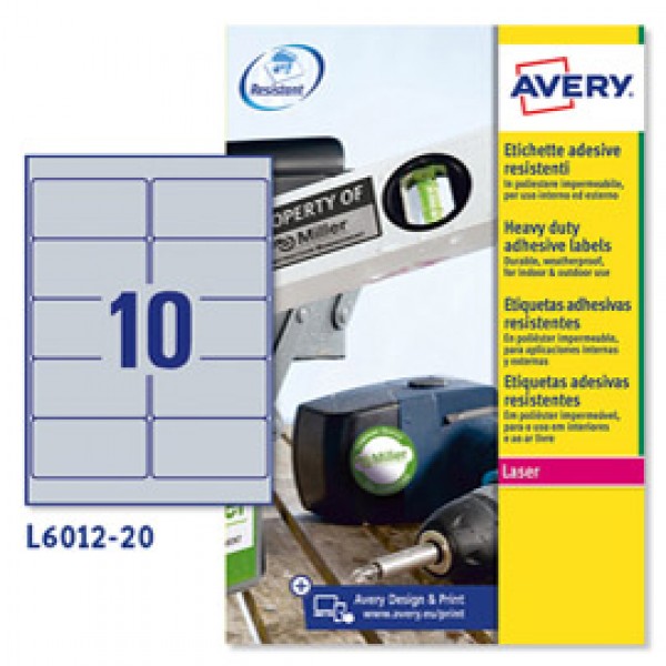 Etichetta in poliestere L6012 - adatta a stampanti laser - permanenti - 96x50,8 mm - 10 etichette per foglio - argento - Avery - conf. 20 fogli A4