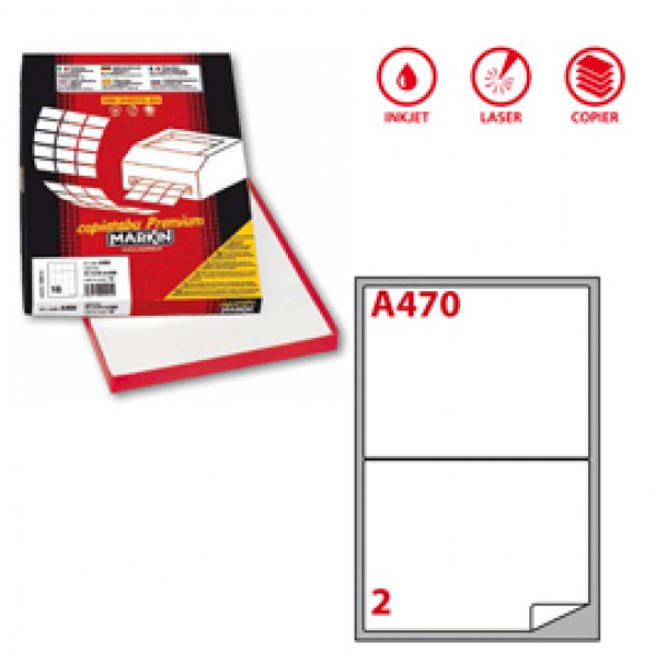 Etichetta adesiva A470 - permanente - 199,6x143,5 mm - 2 etichette per foglio - bianco - Markin - scatola 100 fogli A4 Etichetta adesiva A470 - permanente - 199,6x143,5 mm - 2 etichette per foglio - bianco - Markin - scatola 100 fogli A4