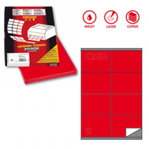 Etichetta adesiva C502 - permanente - 105x72 mm - 8 etichette per foglio - rosso - Markin - scatola 100 fogli A4