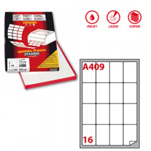 Etichetta adesiva A409 - permanente - 47,7x70 mm - 16 etichette per foglio - bainco - Markin - scatola 100 fogli A4 Etichetta adesiva A409 - permanente - 47,7x70 mm - 16 etichette per foglio - bainco - Markin - scatola 100 fogli A4