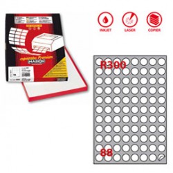 Etichetta adesiva R300 - permanente - tonda ø 20 mm - 88 etichette per foglio - bianco - Markin - scatola 100 fogli A4