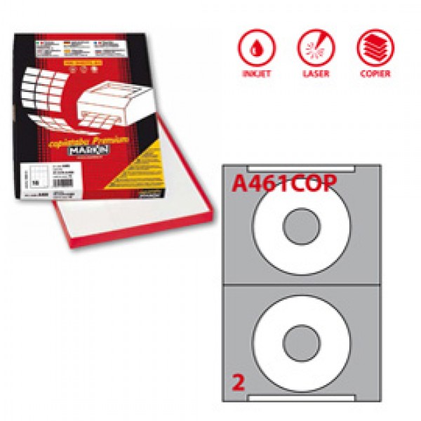 Etichetta adesiva per CD A461 - permanente - diametro CD 114,5 mm - foro 41 mm - 2 etichette per foglio - bianco coprente - Markin - scatola 100 fogli A4