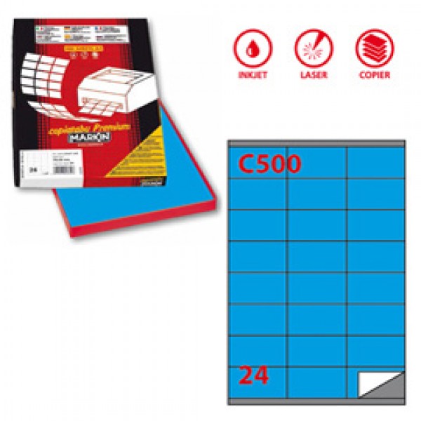 Etichetta adesiva C500 - permanente - 70x36 mm - 24 etichette per foglio - blu - Markin - scatola 100 fogli A4