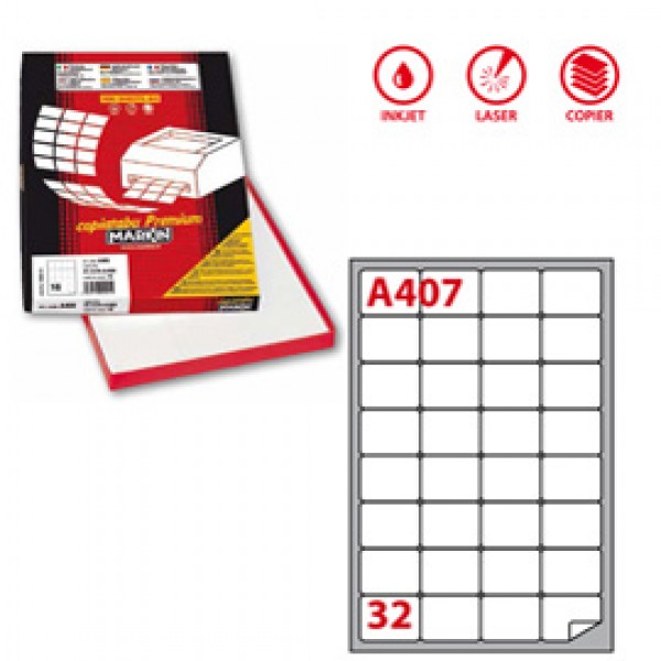 Etichetta adesiva A407 - permanente - 47,5x35 mm - 32 etichette per foglio - bianco - Markin - scatola 100 fogli A4 Etichetta adesiva A407 - permanente - 47,5x35 mm - 32 etichette per foglio - bianco - Markin - scatola 100 fogli A4