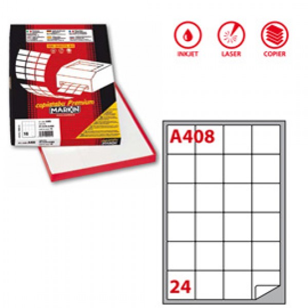 Etichetta adesiva A408 - permanente - 47,5x46,5 mm - 24 etichette per foglio - bianco - Markin - scatola 100 fogli A4 Etichetta adesiva A408 - permanente - 47,5x46,5 mm - 24 etichette per foglio - bianco - Markin - scatola 100 fogli A4