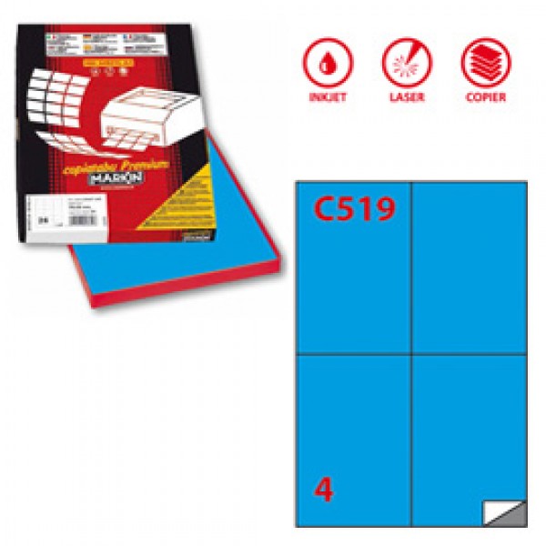 Etichetta adesiva C519 - permanente - 105 x148,5 mm - 4 etichette per foglio - blu - Markin - scatola 100 fogli A4