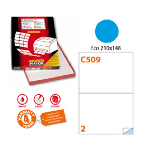 Etichetta adesiva C509 - permanente - 210x148,5 mm - 2 etichette per foglio - blu - Markin - scatola 100 fogli A4 Etichetta adesiva C509 - permanente - 210x148,5 mm - 2 etichette per foglio - blu - Markin - scatola 100 fogli A4