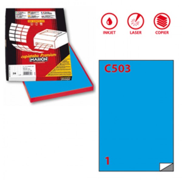 Etichetta adesiva C503 - permanente - 210x297 mm - 1 etichetta per foglio - blu - Markin - scatola 100 fogli A4