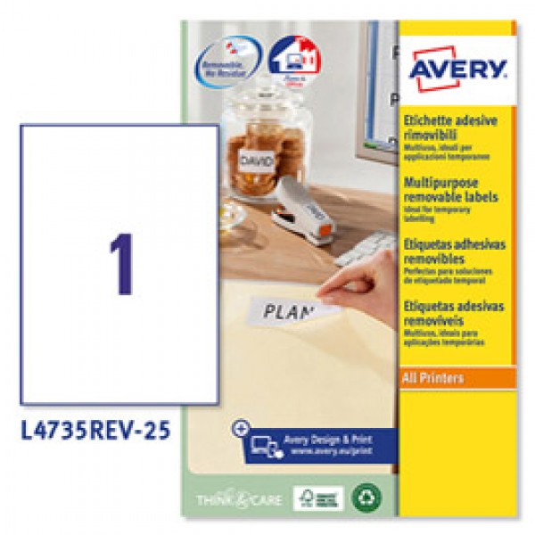 Etichetta adesiva L4735REV - rimovibile - 210x297 mm - 1 etichetta per foglio - bianco - Avery - conf. 25 fogli A4 Etichetta adesiva L4735REV - rimovibile - 210x297 mm - 1 etichetta per foglio - bianco - Avery - conf. 25 fogli A4