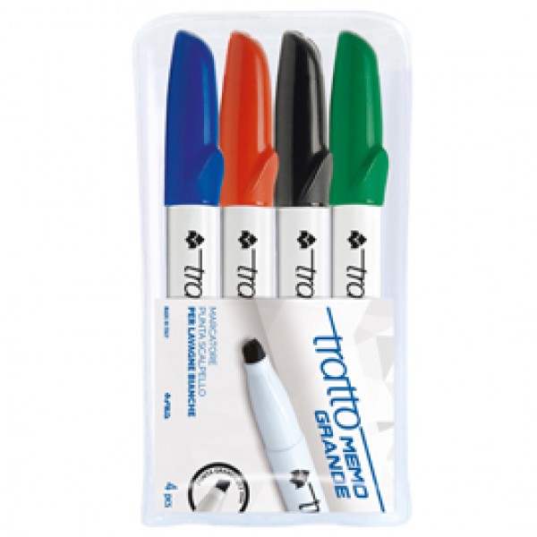 Pennarello a secco Tratto Memo per lavagne cancellabili - punta a scalpello - tratto 6,5mm - astuccio 4 colori - Tratto Pennarello a secco Tratto Memo per lavagne cancellabili - punta a scalpello - tratto 6,5mm - astuccio 4 colori - Tratto