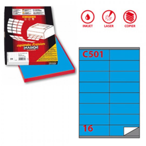 Etichetta adesiva C501 - permanente - 105x36 mm - 16 etichette per foglio - blu - Markin - scatola 100 fogli A4