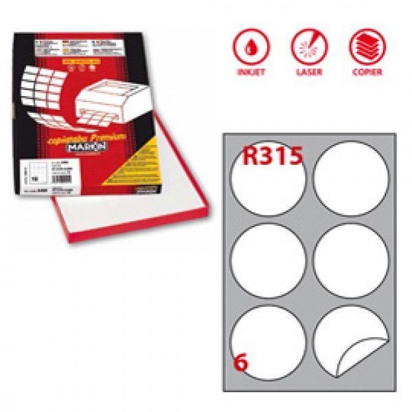 Etichetta adesiva R315 - permanente - tonda ø 85 mm - 6 etichette per foglio - bianco - Markin - scatola 100 fogli A4 Etichetta adesiva R315 - permanente - tonda ø 85 mm - 6 etichette per foglio - bianco - Markin - scatola 100 fogli A4