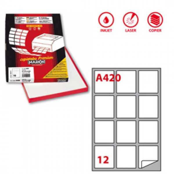 Etichetta adesiva A420 - permanente - 63,5x72 mm - 12 etichette per foglio - bianco - Markin - scatola 100 fogli A4