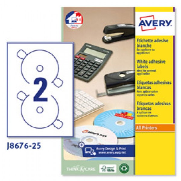 Etichetta adesiva J8676  per CD/DVD - carta - permanente - adatta a stampanti inkjet - ø 117 mm - 2 etichette per foglio - bianco opaco - Avery - conf. 25 fogli A4