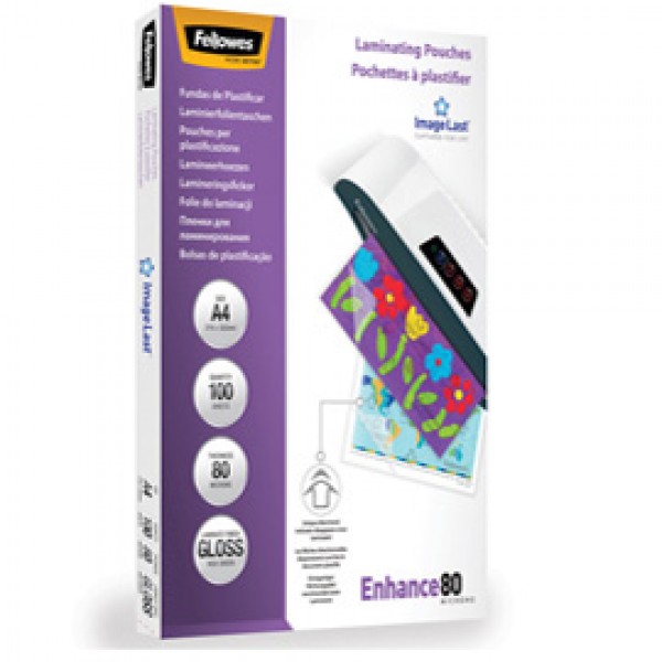 Pouches Enhance80 - A4 - 216x303 mm - 80 micron - Fellowes - scatola 100 pezzi Pouches Enhance80 - A4 - 216x303 mm - 80 micron - Fellowes - scatola 100 pezzi