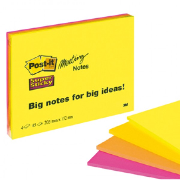 Blocco foglietti Post it® Super Sticky Meeting Notes - 6845-SSP - 203 x 152 mm - giallo/rosa neon - 45 fogli - Post it®
