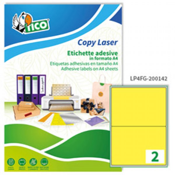 Etichetta adesiva LP4F - permanente - 200x142 mm - 2 etichette per foglio - giallo fluo - Tico - conf. 70 fogli A4