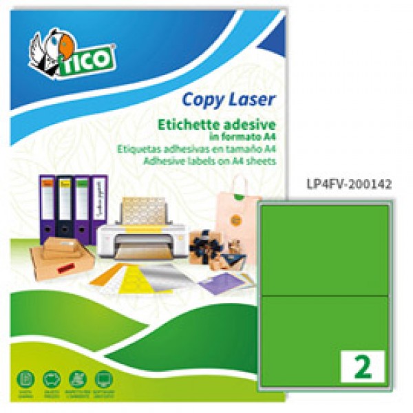 Etichetta adesiva LP4F - permanente - 200x142 mm - 2 etichette per foglio - verde fluo - Tico - conf. 70 fogli A4