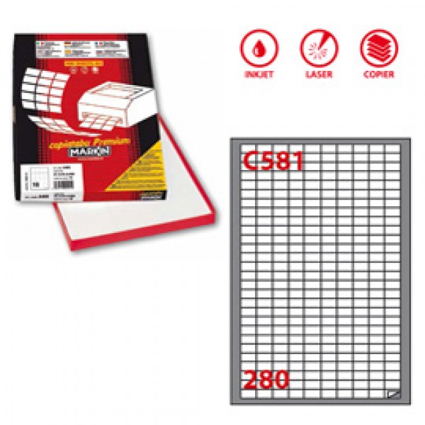 Etichetta adesiva C581 - permanente - 19x10 mm - 280 etichette per foglio - bianco - Markin - scatola 100 fogli A4 Etichetta adesiva C581 - permanente - 19x10 mm - 280 etichette per foglio - bianco - Markin - scatola 100 fogli A4
