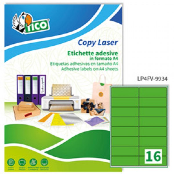 Etichetta adesiva LP4F - permanente - 99,1x34 mm - angoli tondi - 16 etichette per foglio - verde fluo - Tico - conf. 70 fogli A4 Etichetta adesiva LP4F - permanente - 99,1x34 mm - angoli tondi - 16 etichette per foglio - verde fluo - Tico - conf. 70 fogli A4