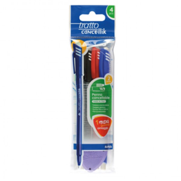 Penna a sfera cancellabile Cancellik - punta 1,0mm - colori assortiti - Tratto - conf. 4 pezzi Penna a sfera cancellabile Cancellik - punta 1,0mm - colori assortiti - Tratto - conf. 4 pezzi