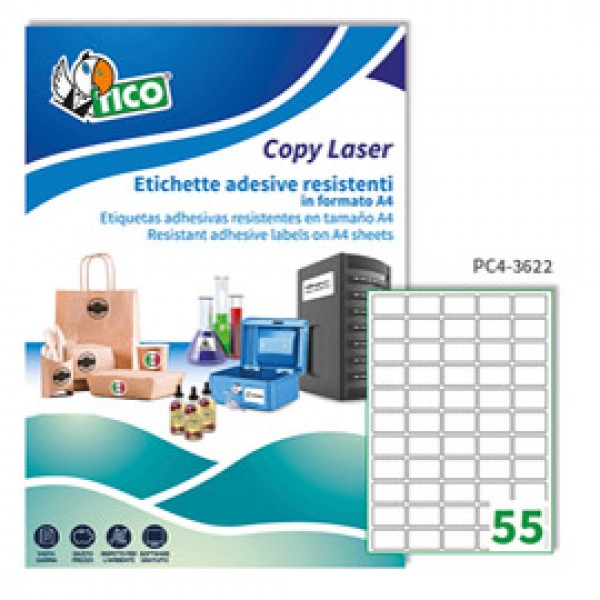 Etichetta in poliestere PC4 -  adatta a stampanti laser - permanente - 36x22 mm - 55 etichette per foglio - trasparenti - Tico - conf. 100 fogli A4