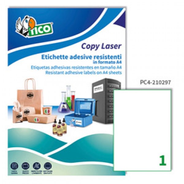 Etichetta in poliestere PC4 - adatta a stampanti laser - permanente - 210x297 mm - 1 etichetta per foglio - trasparente - Tico - conf. 100 fogli A4