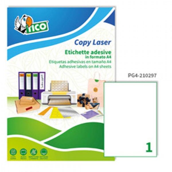 Etichetta adesiva PG4 - permanente - 210x297 mm - 1 etichetta per foglio - bianco lucido - Tico - conf. 100 fogli A4
