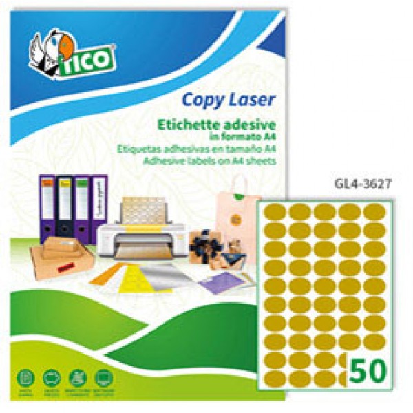 Etichetta adesiva GL4 - ovale - permanente - 36x27 mm - 50 etichette per foglio - satinata oro - Tico - conf. 100 fogli A4