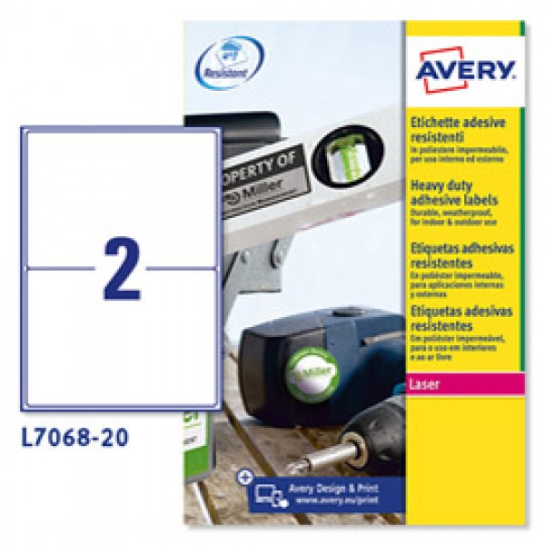 Etichetta in poliestere L7068 - adatta a stampanti laser - permanente - 199,6x143,5 mm - 2 etichette per foglio -  bianco - Avery - conf. 20 fogli A4