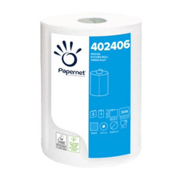 Rotolo asciugatutto - 2 veli - goffratura a onda - 23,4 cm x 68,9 mt - 309 strappi - bianco - Papernet Rotolo asciugatutto - 2 veli - goffratura a onda - 23,4 cm x 68,9 mt - 309 strappi - bianco - Papernet