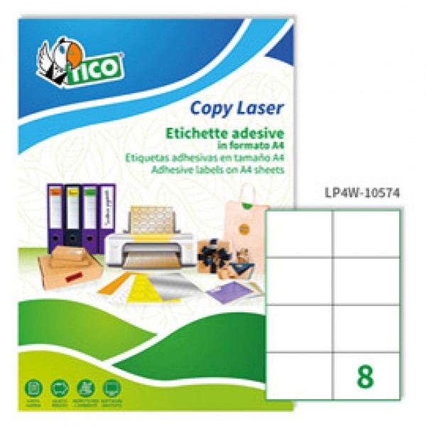 Etichetta adesiva LP4W - permanente - 105x74 mm - 8 etichette per foglio - bianco - Tico - conf. 100 fogli A4