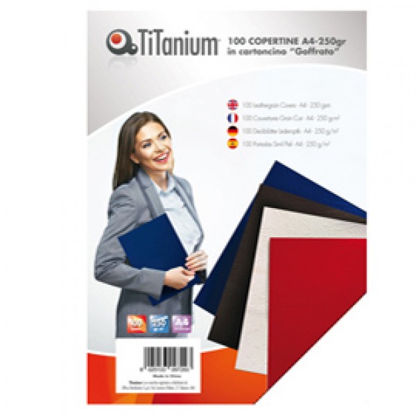 Copertine rilegatura - A4 - 250 gr - cartoncino goffrato - nero - Titanium - scatola 100 pezzi Copertine rilegatura - A4 - 250 gr - cartoncino goffrato - nero - Titanium - scatola 100 pezzi