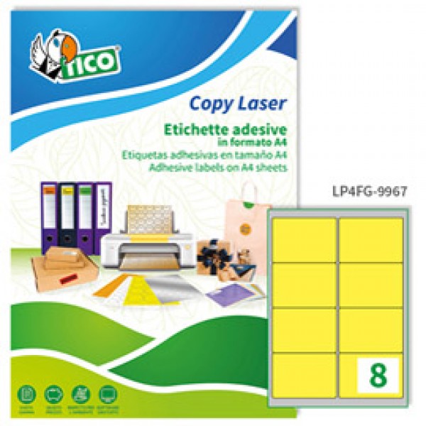 Etichetta adesiva LP4F - permanente - 99,1x67,7 mm - 8 etichette per foglio - giallo fluo - Tico - conf. 70 fogli A4