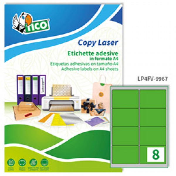 Etichetta adesiva LP4F - permanente - 99,1x67,7 mm - angoli tondi - 8 etichette per foglio - verde fluo - Tico - conf. 70 fogli A4