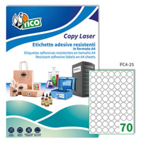 Etichetta in poliestere PC4 - adatta a stampanti laser - permanente - ø 25 mm - 70 etichette per foglio - trasparente - Tico - conf. 100 fogli A4