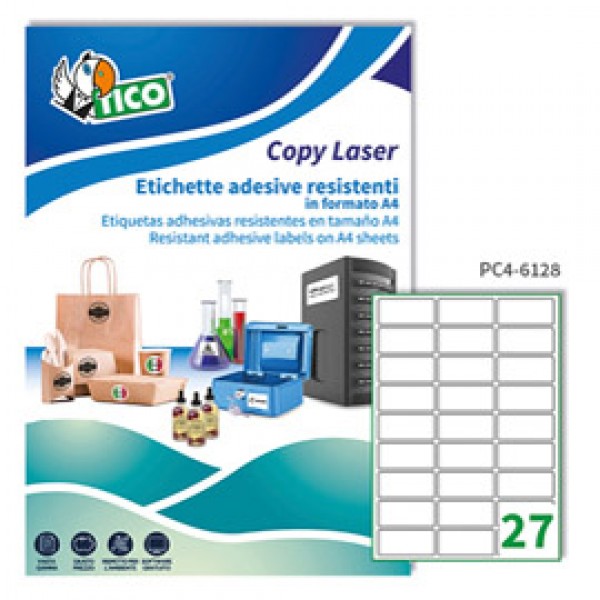 Etichetta in poliestere PC4 - adatta a stampanti laser - permanente - 61x286 mm - 27 etichette per foglio - trasparente - Tico - conf. 100 fogli A4