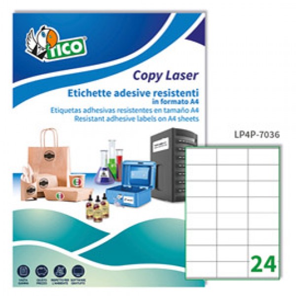 Etichetta in poliestere LP4P - adatta a stampanti laser - permanente - 70x36 mm - 24 etichette per foglio - bianco - Tico - conf. 70 fogli A4