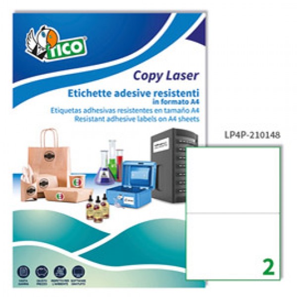 Etichetta in poliestere LP4P - adatta a stampanti laser - permanente - 210x148 mm - 2 etichette per foglio - bianco - Tico - conf. 70 fogli A4