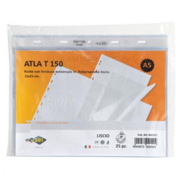 Buste forate Atla T - pesante - liscio - 15x21 cm - trasparente - Sei Rota - conf. 25 pezzi Buste forate Atla T - pesante - liscio - 15x21 cm - trasparente - Sei Rota - conf. 25 pezzi