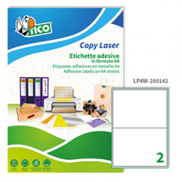 Etichetta adesiva LP4W - permanente - 200x142 mm - 2 etichette per foglio - bianco - Tico - conf. 100 fogli A4