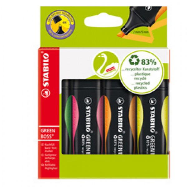 Evidenziatore Green Boss - punta a scalpello - tratto 2 - 5 mm - colori assortiti - 83% plastica riciclata - Stabilo - astuccio 4 pezzi Evidenziatore Green Boss - punta a scalpello - tratto 2 - 5 mm - colori assortiti - 83% plastica riciclata - Stabilo - astuccio 4 pezzi