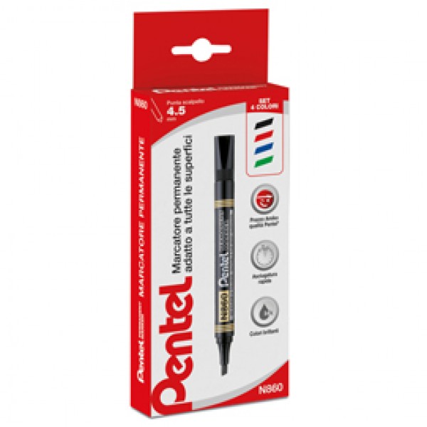 Marcatore permanente N860 - punta scalpello - astuccio 4 colori assortiti - Amiko Pentel