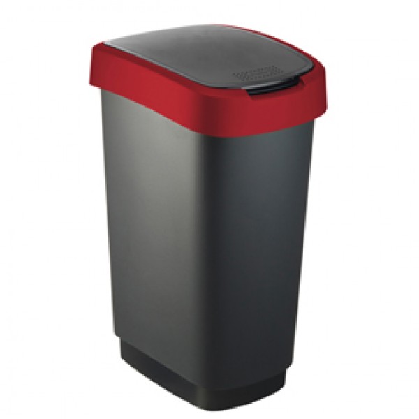 Pattumiera con coperchio basculante - 40,1 x 29,1 x 60,2 cm - PPL - 50 L - nero/rosso - Rotho