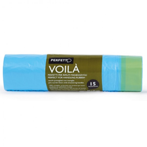 Sacchi per rifiuti con maniglie Voilà - 50x60 cm - 30 L - 15 micron - azzurro - Perfetto - rotolo da 15 sacchetti Sacchi per rifiuti con maniglie Voilà - 50x60 cm - 30 L - 15 micron - azzurro - Perfetto - rotolo da 15 sacchetti