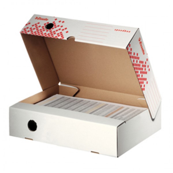 Scatola archivio Speedbox - dorso 8 cm - 35x25 cm - apertura totale - bianco e rosso - Esselte Scatola archivio Speedbox - dorso 8 cm - 35x25 cm - apertura totale - bianco e rosso - Esselte