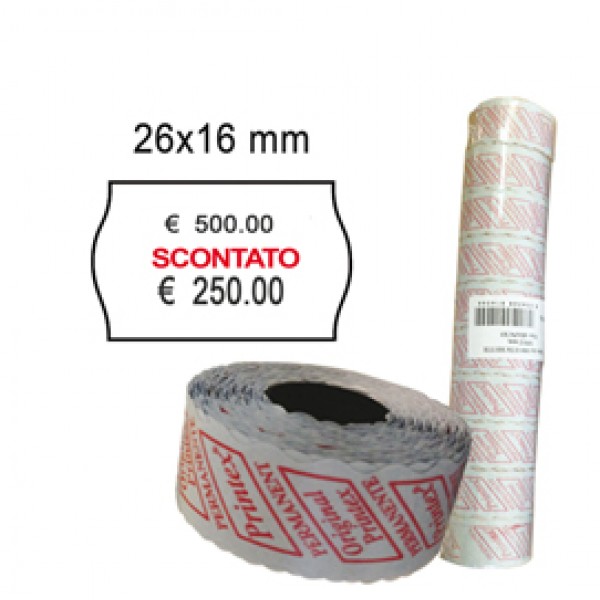 Rotolo da 1000 etichette a onda per Printex Smart 16/2616 - SCONTATO - 26x16 mm - adesivo permanente - bianco - Printex - pack 10 rotoli Rotolo da 1000 etichette a onda per Printex Smart 16/2616 - SCONTATO - 26x16 mm - adesivo permanente - bianco - Printex - pack 10 rotoli